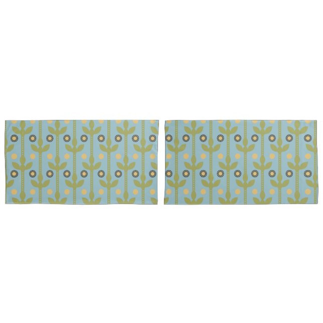 Retro Green and Blue Cute Folksy Floral Pattern Pillowcase (Front-Set)