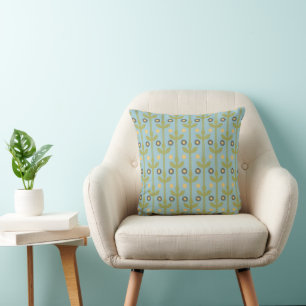 Retro Green and Blue Cute Folksy Floral Pattern Throw Pillow