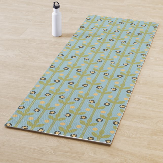 Retro Green and Blue Cute Folksy Floral Pattern Yoga Mat (In Situ)