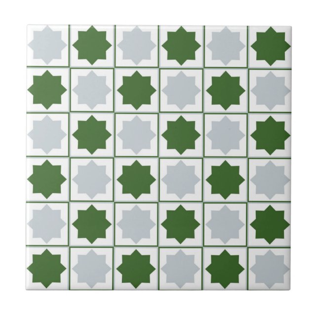 Retro Green and Blue Islamic Geometric Pattern Tile (Front)