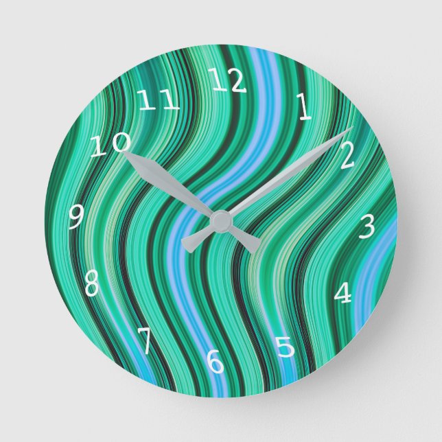 Retro green and blue wavy stripes pattern round clock (Front)