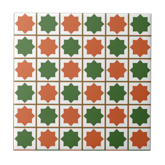 Retro Green and Burnt Orange Islamic Geometric Pat Tile (Front)