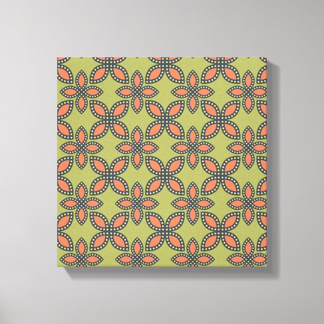 Retro Green and Orange Abstract Floral Pattern Canvas Print (Front)