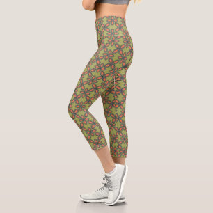 Retro Green and Orange Abstract Floral Pattern Capri Leggings