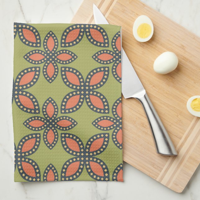 Retro Green and Orange Abstract Floral Pattern Kitchen Towel (Quarter Fold)