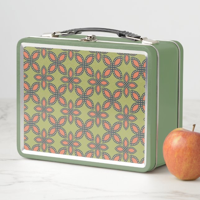 Retro Green and Orange Abstract Floral Pattern Metal Lunch Box (In Situ)