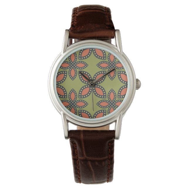Retro Green and Orange Abstract Floral Pattern Watch (Front)