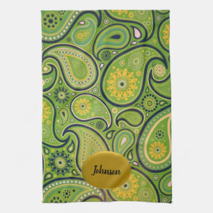 Retro Green and Yellow Paisley Design Kitchen Towel