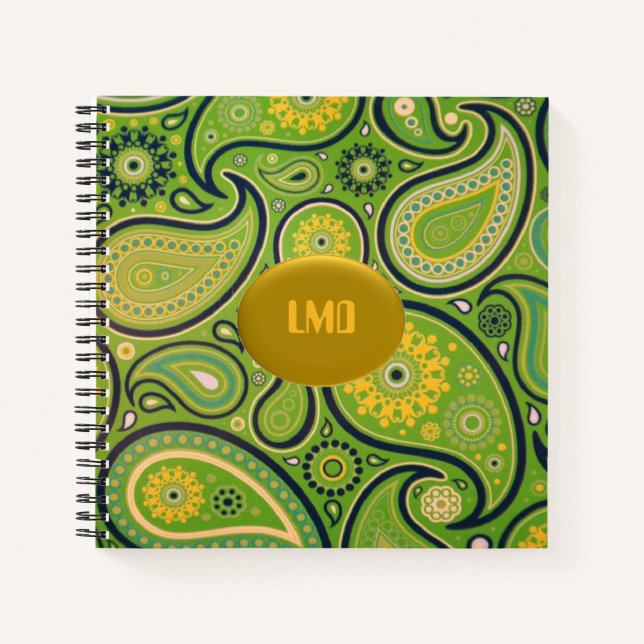 Retro Green and Yellow Paisley Monogram Notebook (Front)