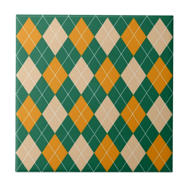Retro Green Beige Mustard Argyle Pattern Tile (Front)