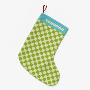 Retro Green Blue Chequerboard Personalized Name Small Christmas Stocking