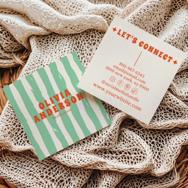 Retro Green Bold 70's Boho Groovy Unique Trendy  Square Business Card (Creator Uploaded)