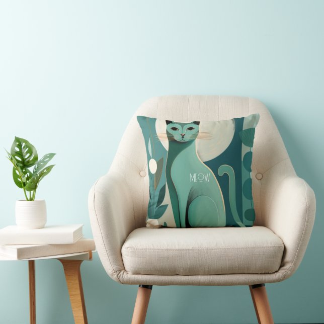 Retro Green Cat Print Throw Pillow (Chair)
