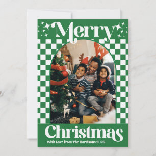 Retro Green Checkerboard Christmas Flat Card