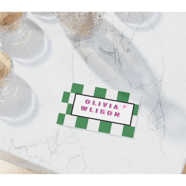 Retro Green Chequerboard Business Card | Pink Bold (Creator Uploaded)