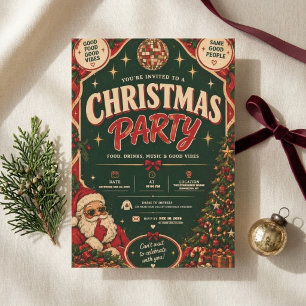Retro Green Christmas Party with Disco Ball Invitation