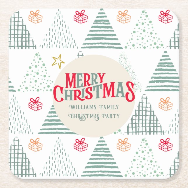 Retro Green Christmas Trees Modern Abstract Unique Square Paper Coaster (Front)