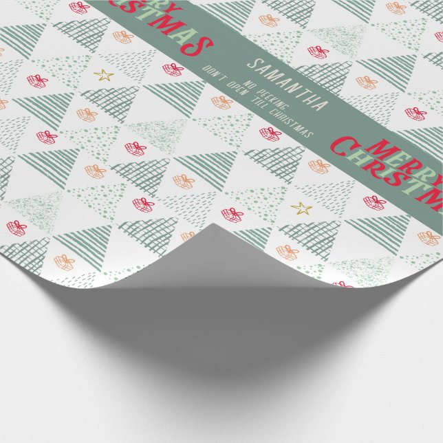 Retro Green Christmas Trees Modern Abstract Unique Wrapping Paper (Corner)