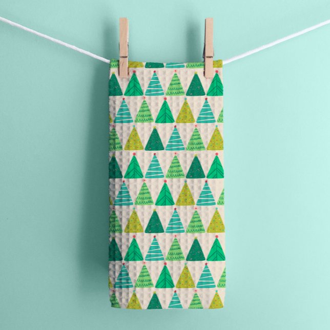 Retro Green Christmas Trees on Cream Kitchen Towel (Creator Uploaded)