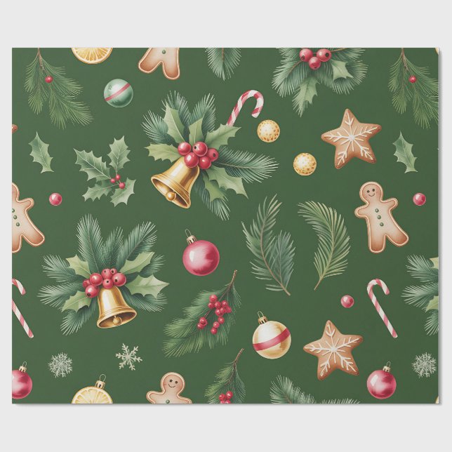 Retro Green Christmas Wrapping Pape Wrapping Paper (Flat)