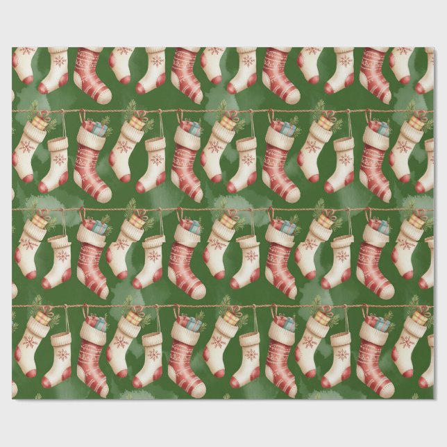 Retro Green Christmas Wrapping Paper (Flat)