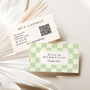 Retro Green Cream Wavy Checkered Boho QR Code Business Card