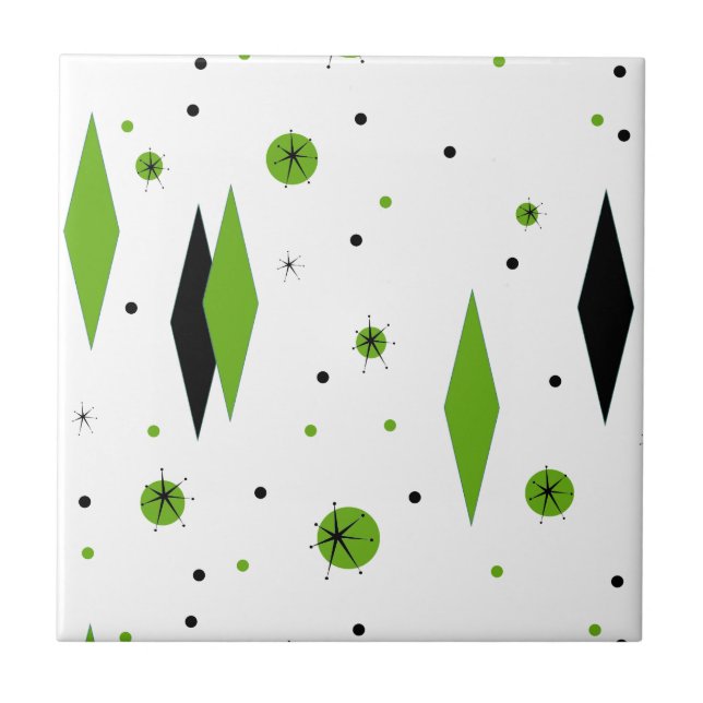 Retro Green Diamonds & Starbursts Ceramic Tile (Front)