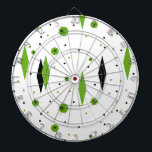 Retro Green Diamonds & Starbursts Dart Board<br><div class="desc">This customizable Retro Green Diamonds and Starbursts Dart Board is a new take on a vintage style. It features kitschy, black starbursts on green polka dots, surrounding geometric, green and black diamond shapes. Customize the background colour on this mid century modern product if you're feeling daring, or leave it white...</div>