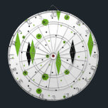 Retro Green Diamonds & Starbursts Dart Board<br><div class="desc">This customizable Retro Green Diamonds and Starbursts Dart Board is a new take on a vintage style. It features kitschy, black starbursts on green polka dots, surrounding geometric, green and black diamond shapes. Customize the background colour on this mid century modern product if you're feeling daring, or leave it white...</div>