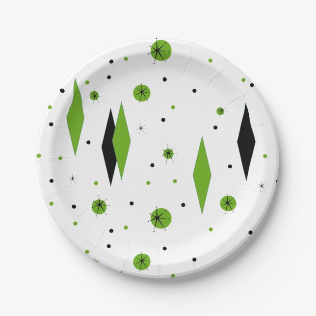 Retro Green Diamonds & Starbursts Paper Plate (Front)