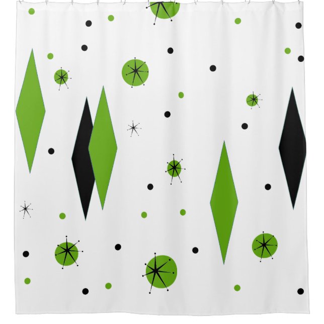 Retro Green Diamonds & Starbursts Shower Curtain (Front)