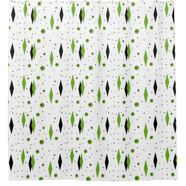 Retro Green Diamonds & Starbursts Shower Curtain (Front)