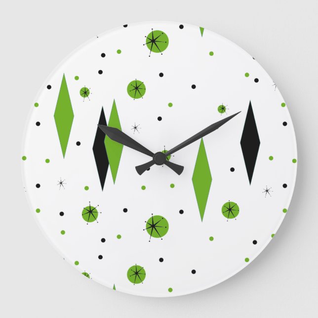 Retro Green Diamonds & Starbursts Wall Clock (Front)
