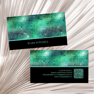 Retro Green Disco Ball Mirror QR Code Business Card