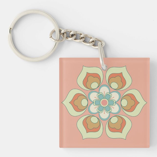 retro green floral pattern keychain (Front)