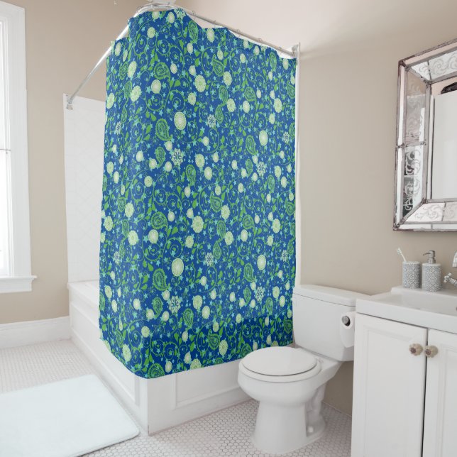 Retro green flowering plants pattern.b Blue BG (In Situ)