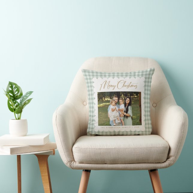 Retro Green Gingham Personalized Photo Christmas Throw Pillow (Chair)