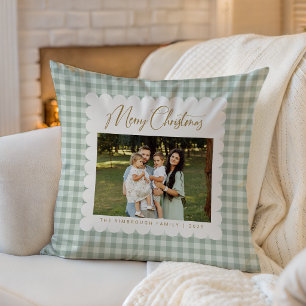 Retro Green Gingham Personalized Photo Christmas Throw Pillow