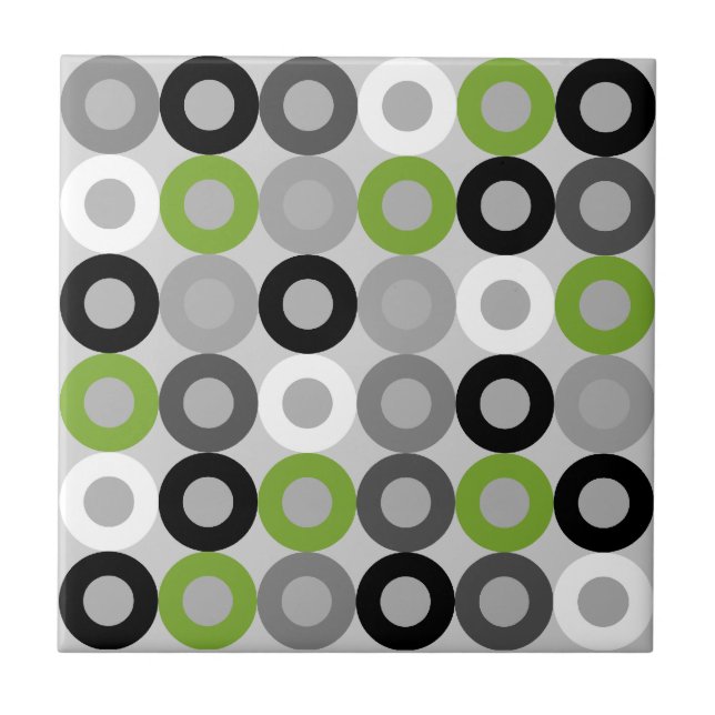 Retro Green Grey Black Mid Century Geometric Rings Tile (Front)