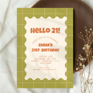 Retro Green Groovy Chequered Pattern Birthday Part Invitation