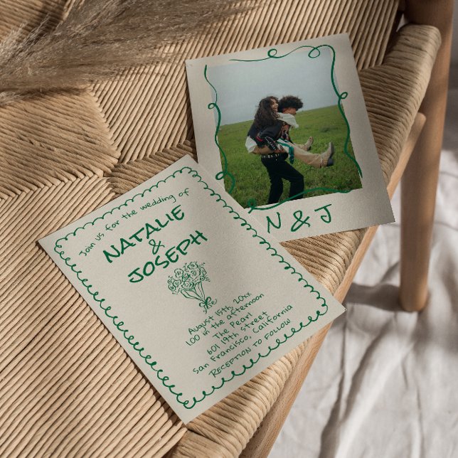 Retro Green Hand Drawn Quirky Floral Photo Wedding Invitation (Creator Uploaded)