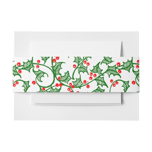 Retro green holly with red berries pattern invitation belly band (Front Example)
