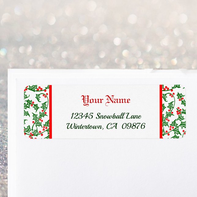 Retro green holly with red berries pattern labels (Creator Uploaded)