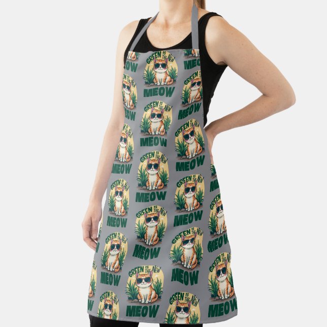 Retro "Green Is The New Meow" Cool Cat Nature Art Apron (Insitu)
