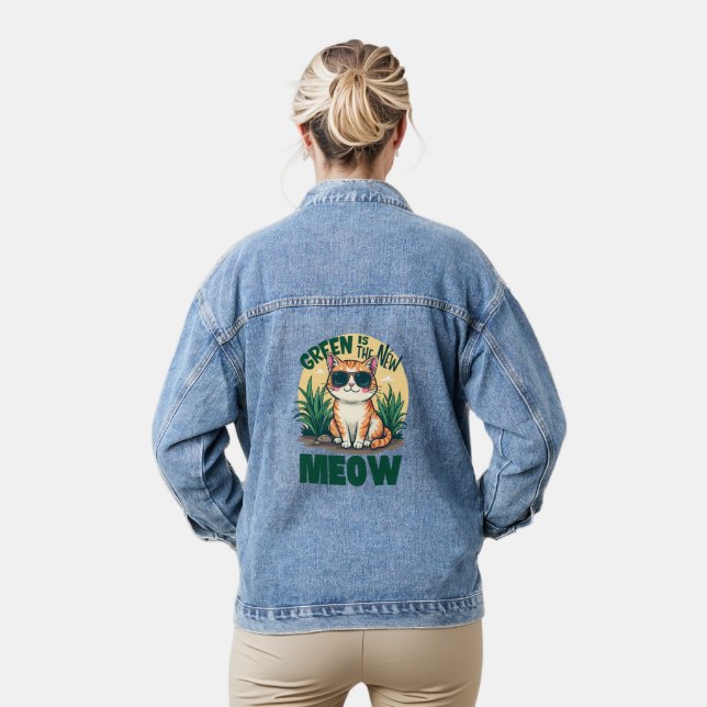 Retro "Green Is The New Meow" Cool Cat Nature Art Denim Jacket (Model)