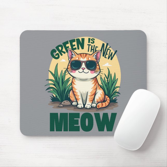 Retro "Green Is The New Meow" Cool Cat Nature Art Mouse Pad (With Mouse)