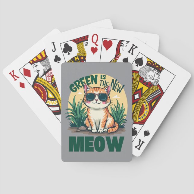 Retro "Green Is The New Meow" Cool Cat Nature Art Playing Cards (Back)