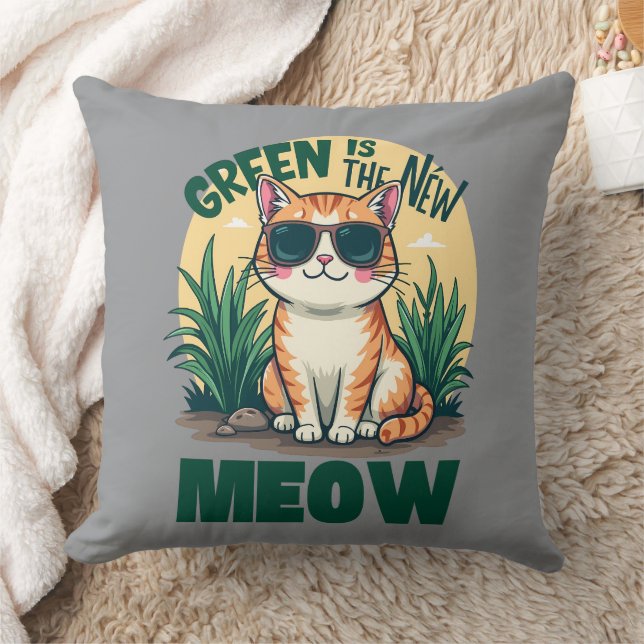 Retro "Green Is The New Meow" Cool Cat Nature Art Throw Pillow (Blanket)