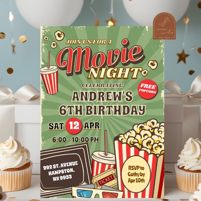 Retro Green Movie Night Outdoor Birthday Invitation (Creator Uploaded)