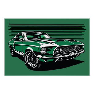 Retro Green Muscle Car Side Pop Art Illustration Poster
